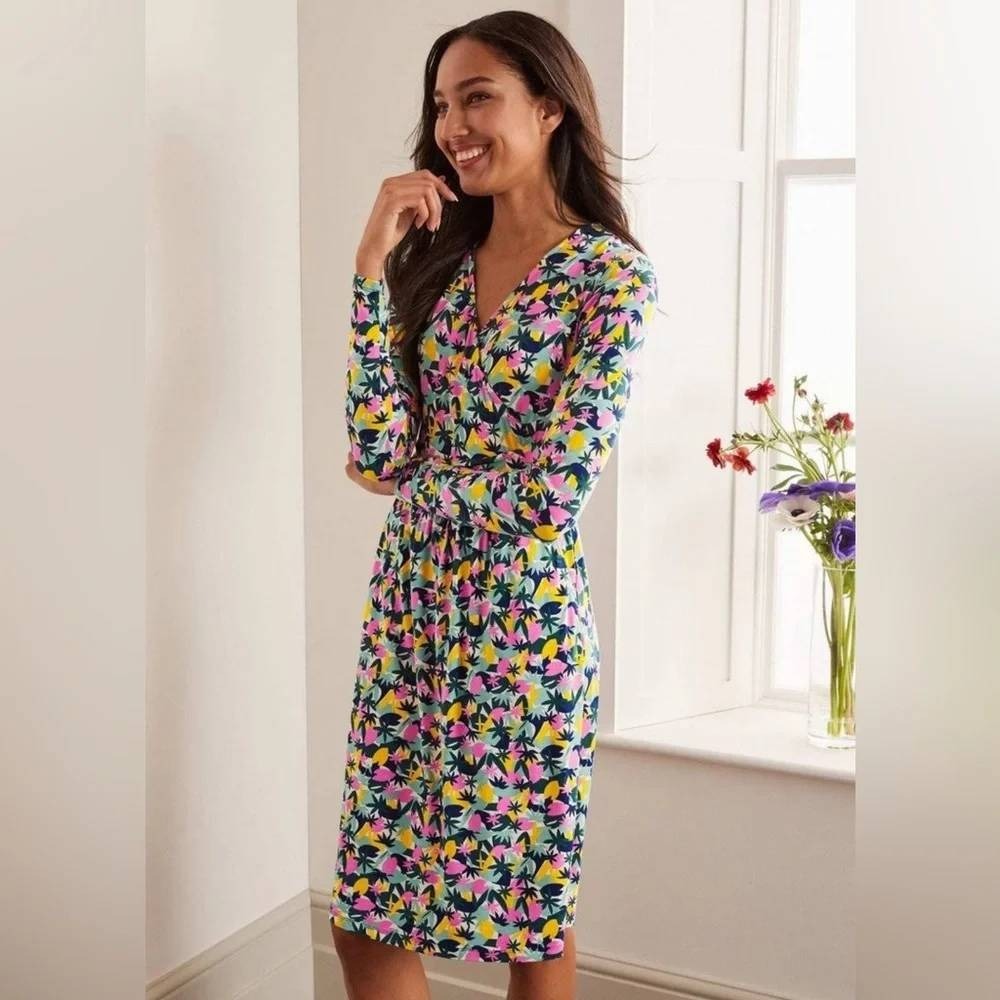 Boden Layla Jersey Faux Wrap Midi Dress Floral Pockets Long Sleeve Size 12L